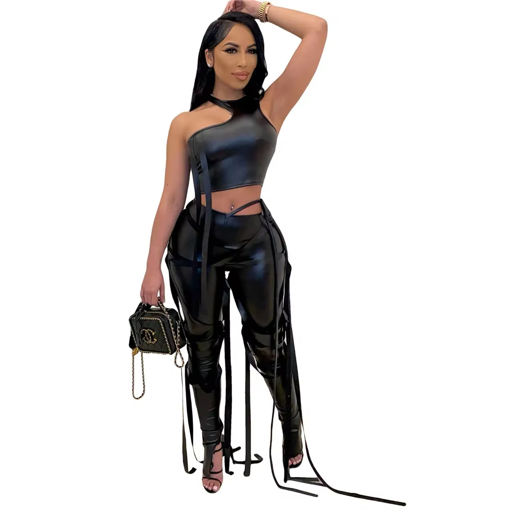 Ensemble deux pièces Sexy en Faux cuir PU pour femmes, ensembles assortis Y2K Party Club, haut court
