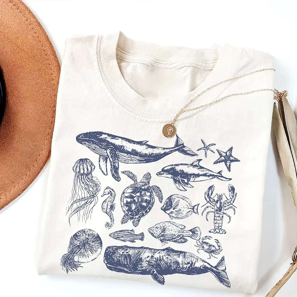 T-shirt unisexe vintage imprimé animaux marins des années 90, 100% coton lavé, chemise décontractée 