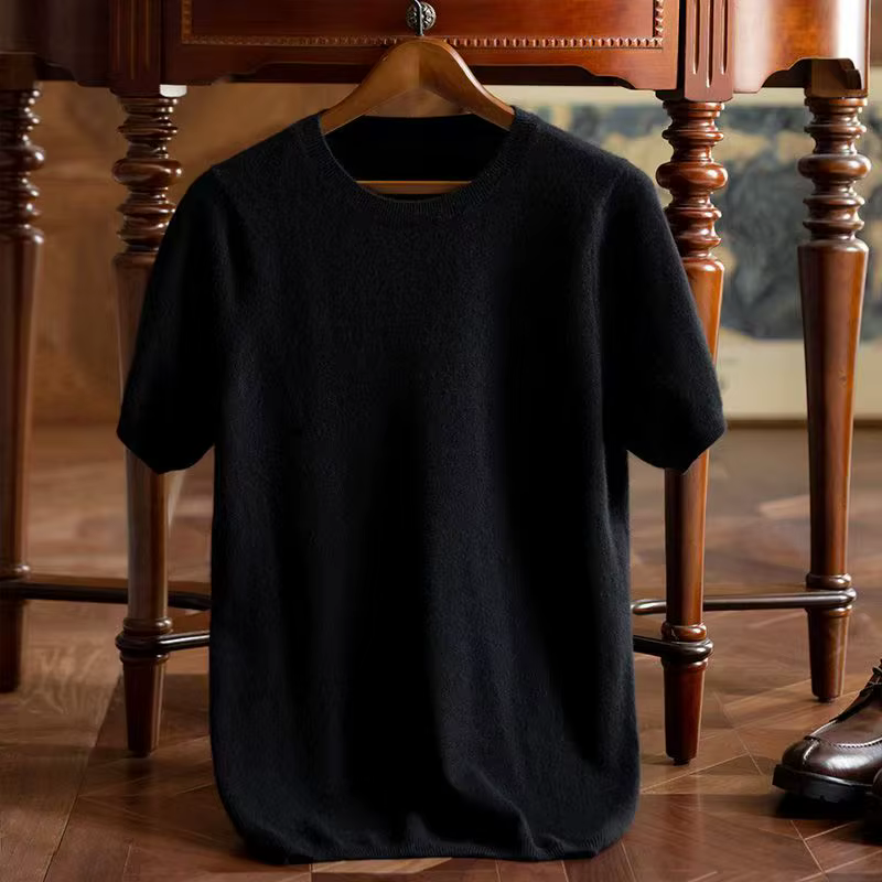 T-shirt en laine mérinos super fine pour hommes, tricoté, col rond, respirant, cachemire fin, manche