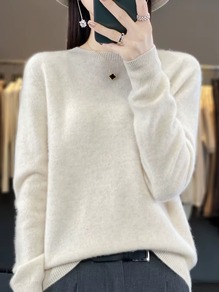 Pull à manches longues pour femmes, pull à col rond, 100% laine mérinos, tricots de base solides, vê