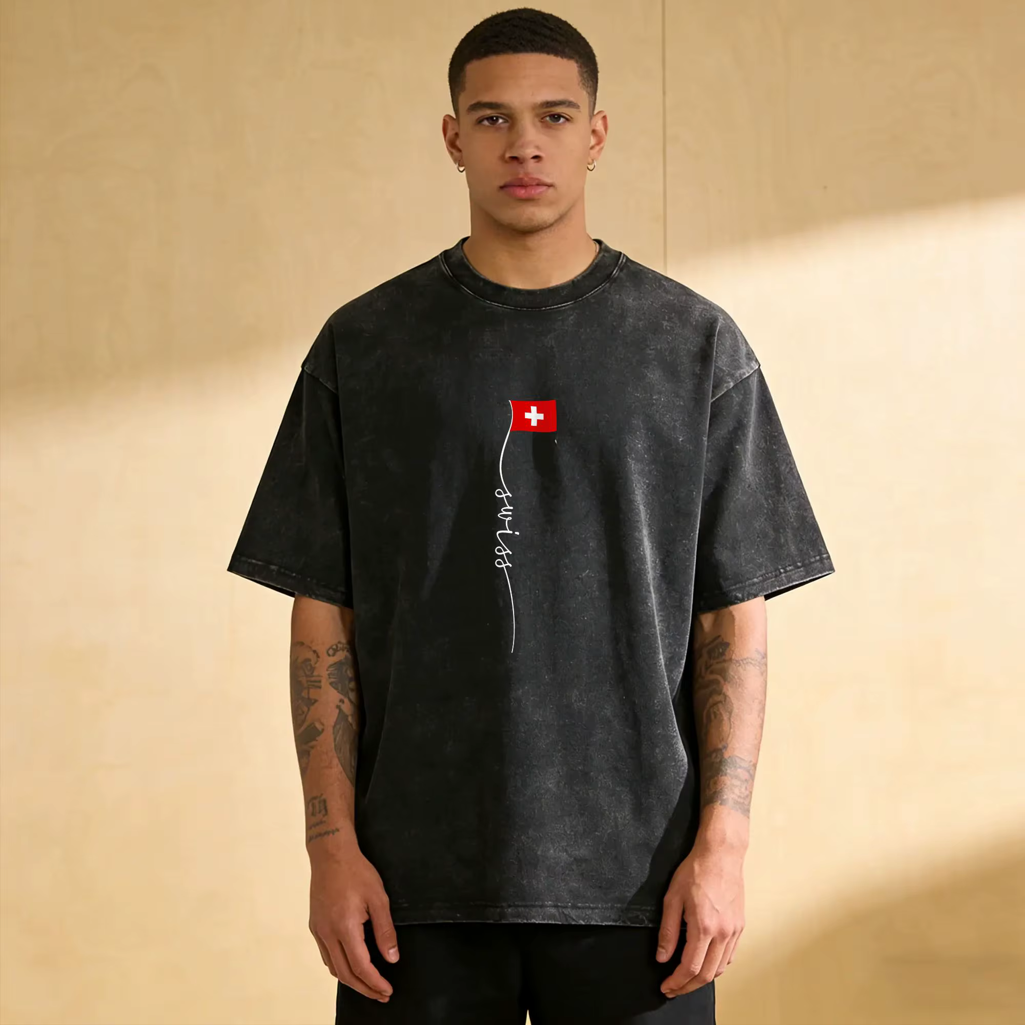 T-shirt en coton pour hommes, avec drapeau suisse, col rond, manches courtes, idée cadeau
