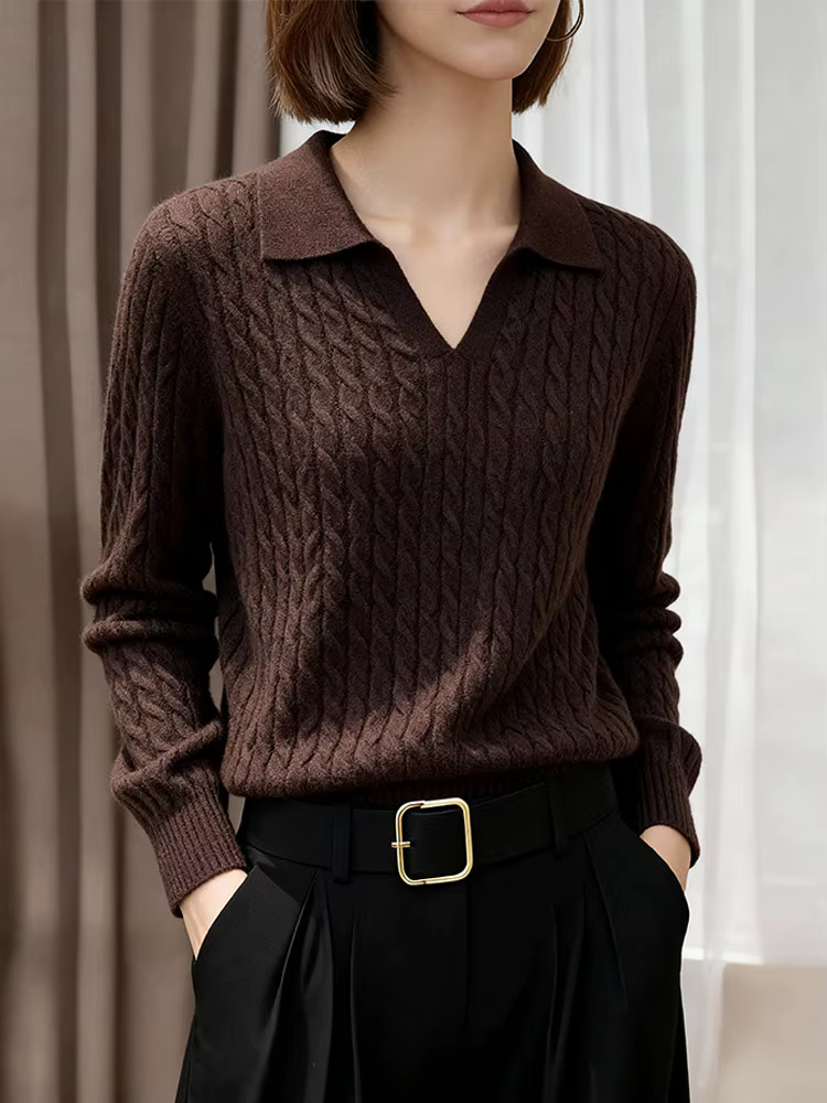 Pull en cachemire à manches longues pour femme, chemisier à revers confortable, à la mode et décontr