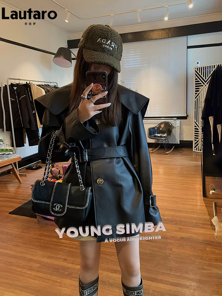 Lautaro-Veste en cuir PU noir doux pour femme, col claudine, ceinture, élégant, chic, vêtements de c