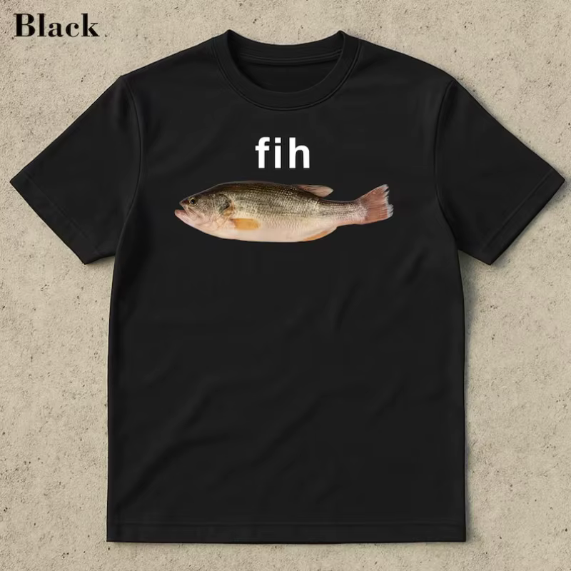 T-shirt graphique Fih Fish. Tee-shirt noir avec imprimé poisson rose et gris réaliste, haut décontra