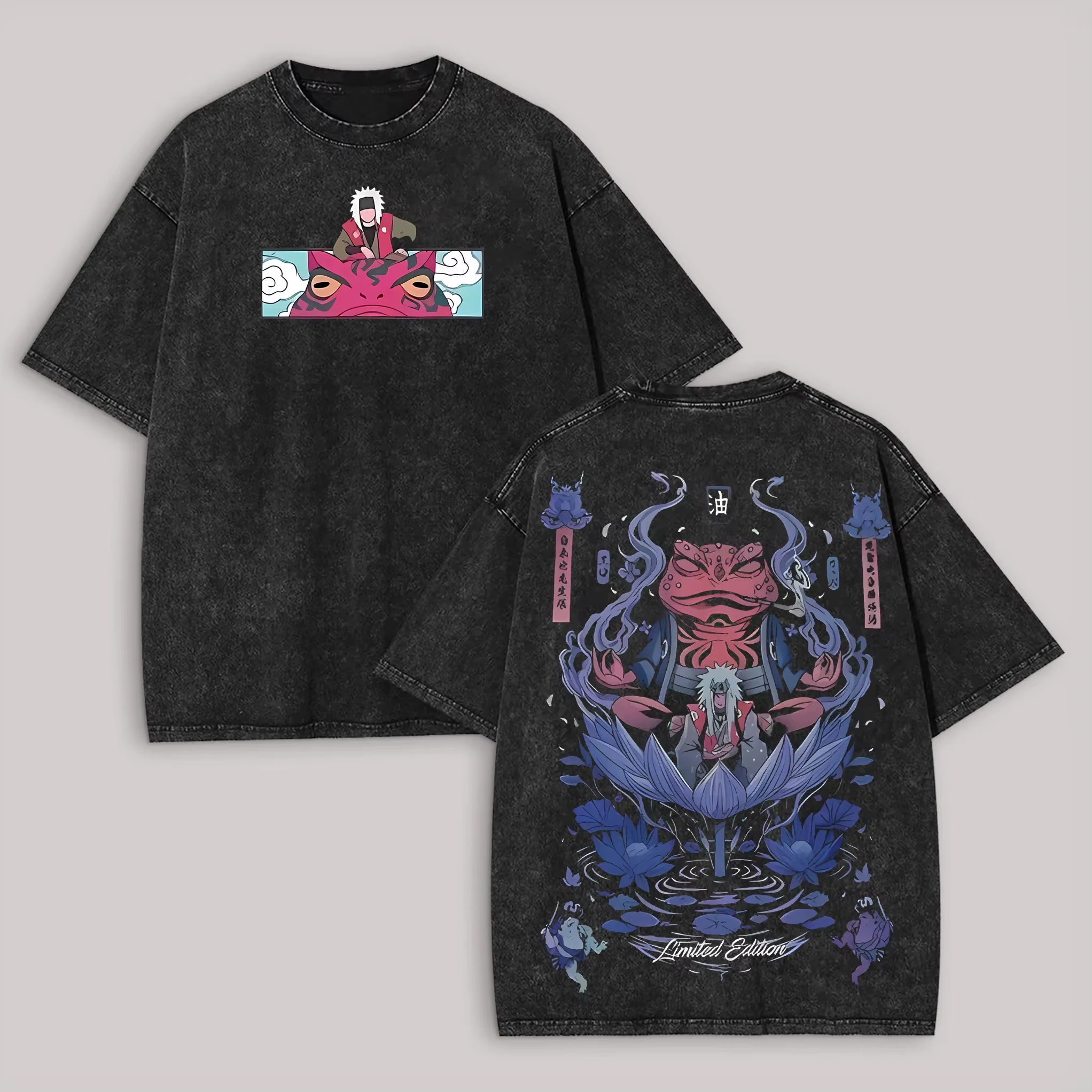 T-shirt Naruto Jiraiya Gamabunta Toad Vintage Acid Wash Streetwear Oversized Rétro Anime Graphique H