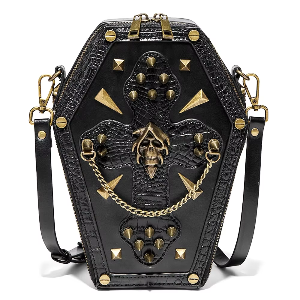 Medieval rétro Punk Halloween Cosplay accessoires Mini crâne Rivet chaîne cercueil portefeuille à ma