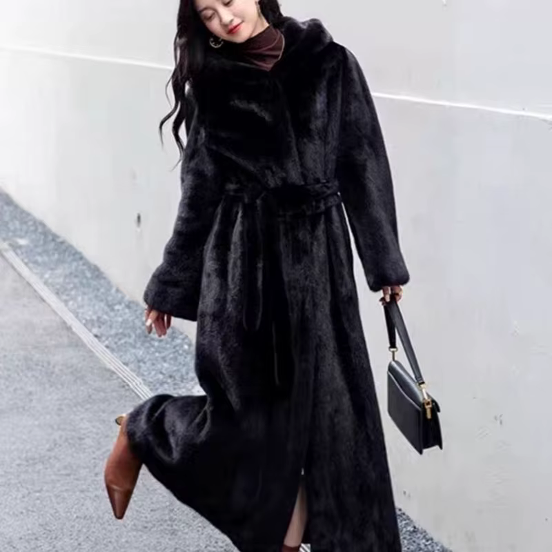 Manteau à capuche en fausse fourrure avec ceinture pour femmes, imitation fourrure de vison, manteau
