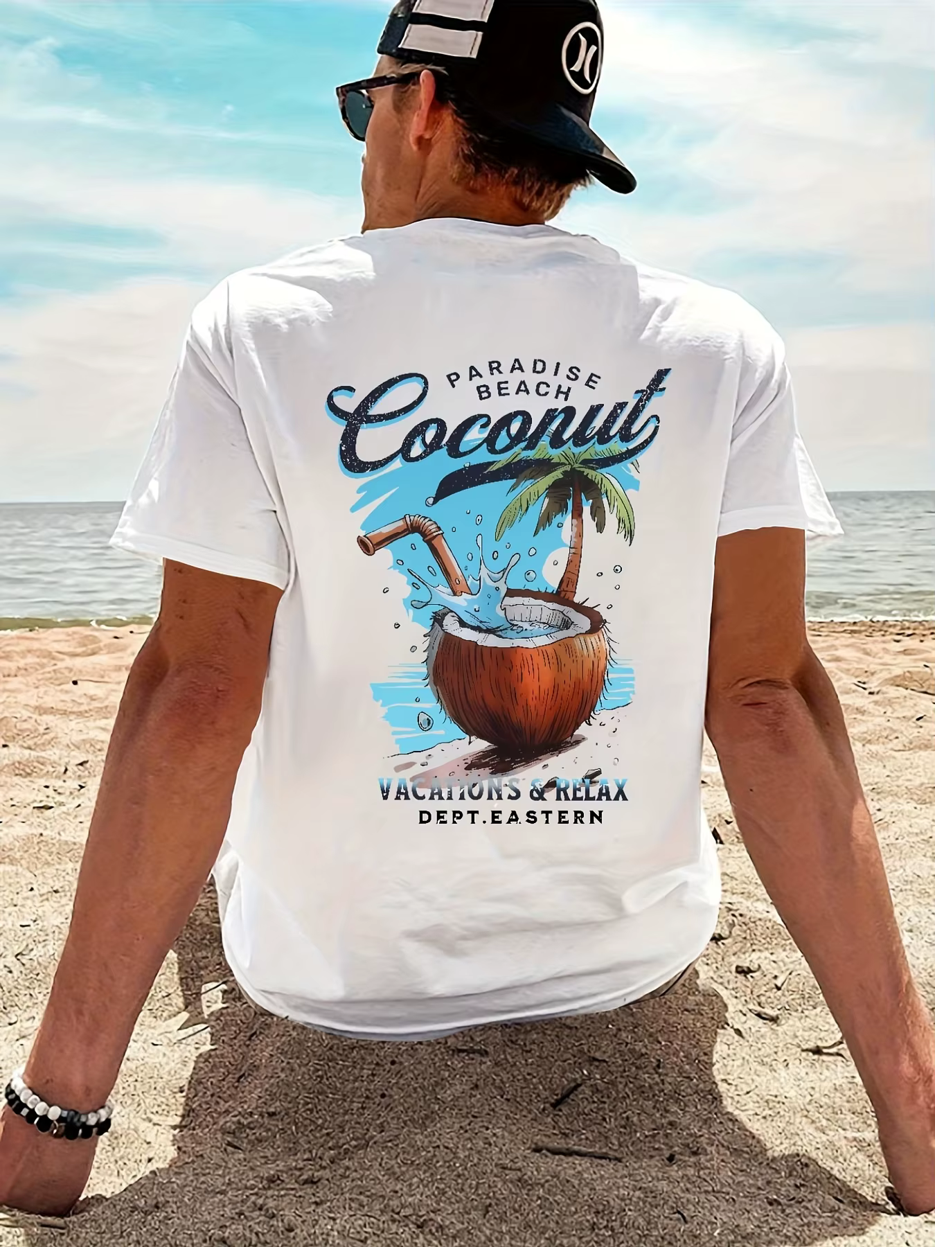 T-shirt graphique Paradise Beach Coconut Drink avec imprimé palmier et texte de vacances, 100 % coto