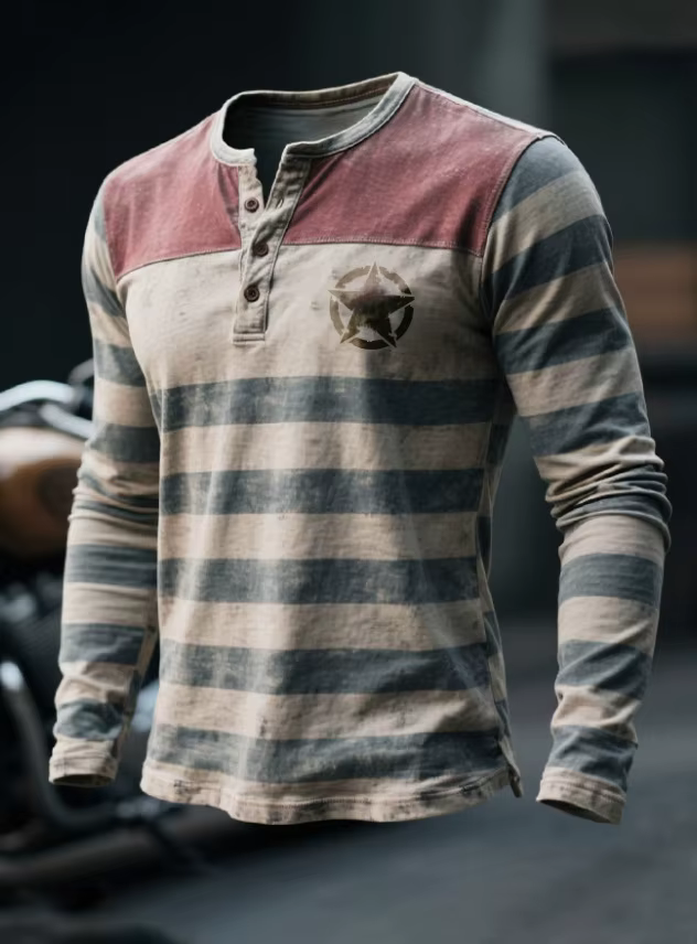 Nouveau T-shirt Henley Rétro Lavé pour Homme 2026, Imprimé Rayures et Étoiles, Manches Longues, Styl