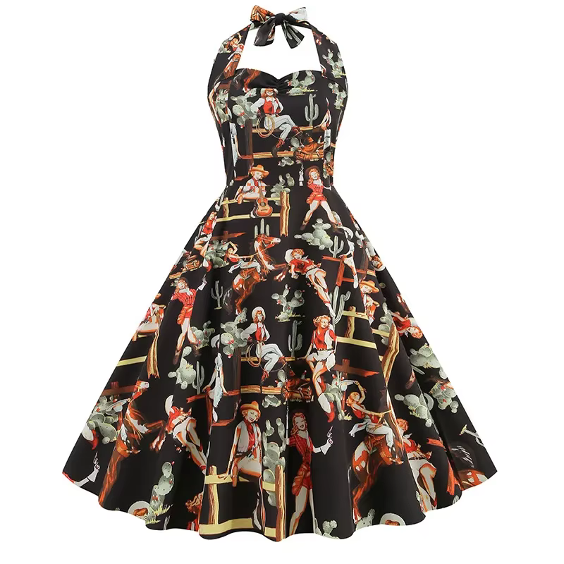 Robe rétro à col licou pour femme, imprimé années 50 et 60, mode vintage, fête, bureau, dames, rocka