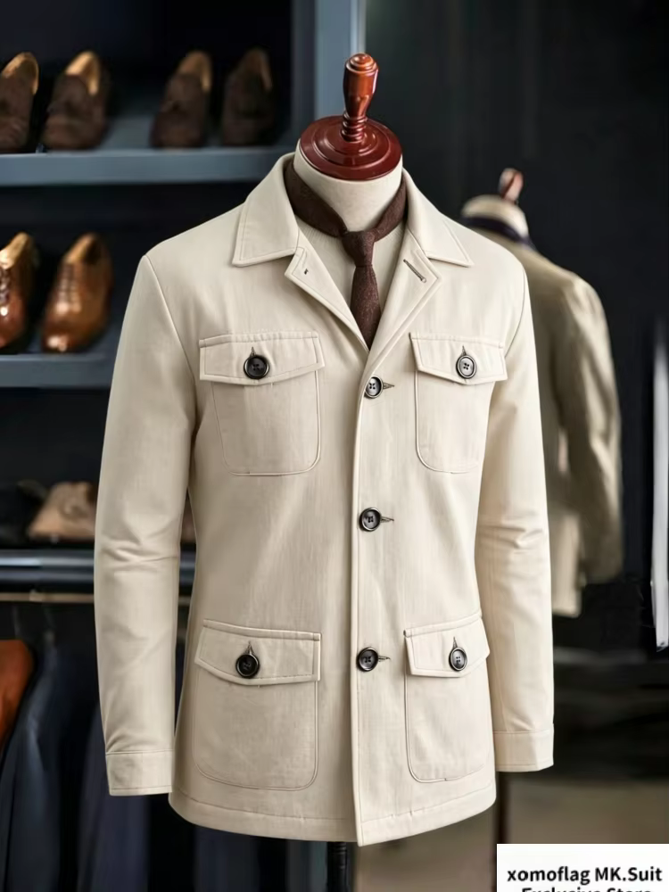 Veste Safari 100% coton pour hommes, style rétro, plusieurs poches, veste décontractée, couleur unie