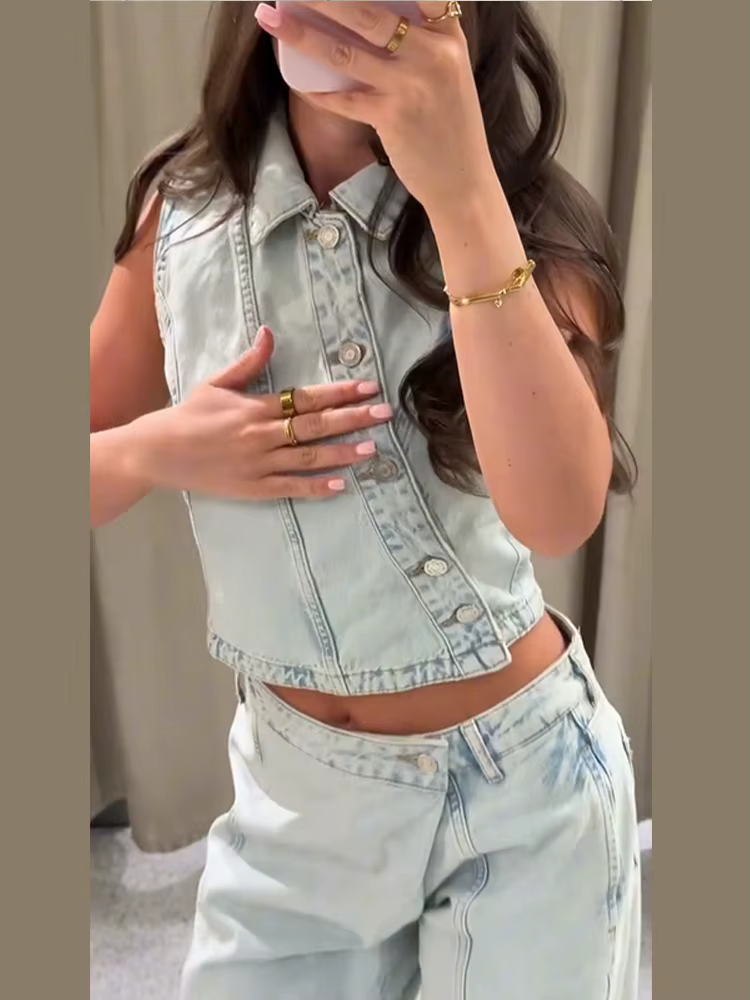 Nouvel ensemble 2026 : Gilet en jean et pantalon pour femme – Veste ajustée sans manches à revers et