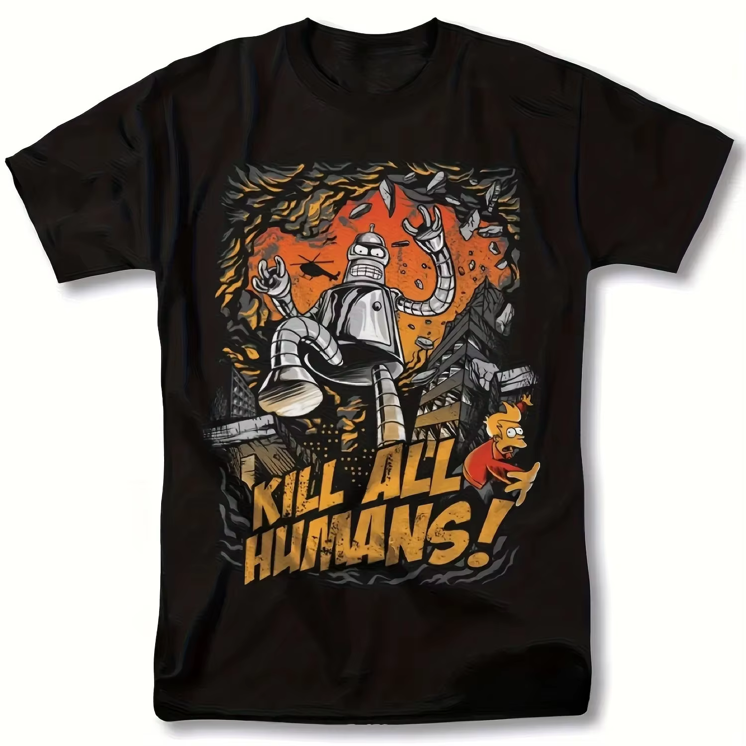 T-shirt graphique Futurama Bender Robot Kill All Humans, noir, à manches courtes, col rond, avec mot
