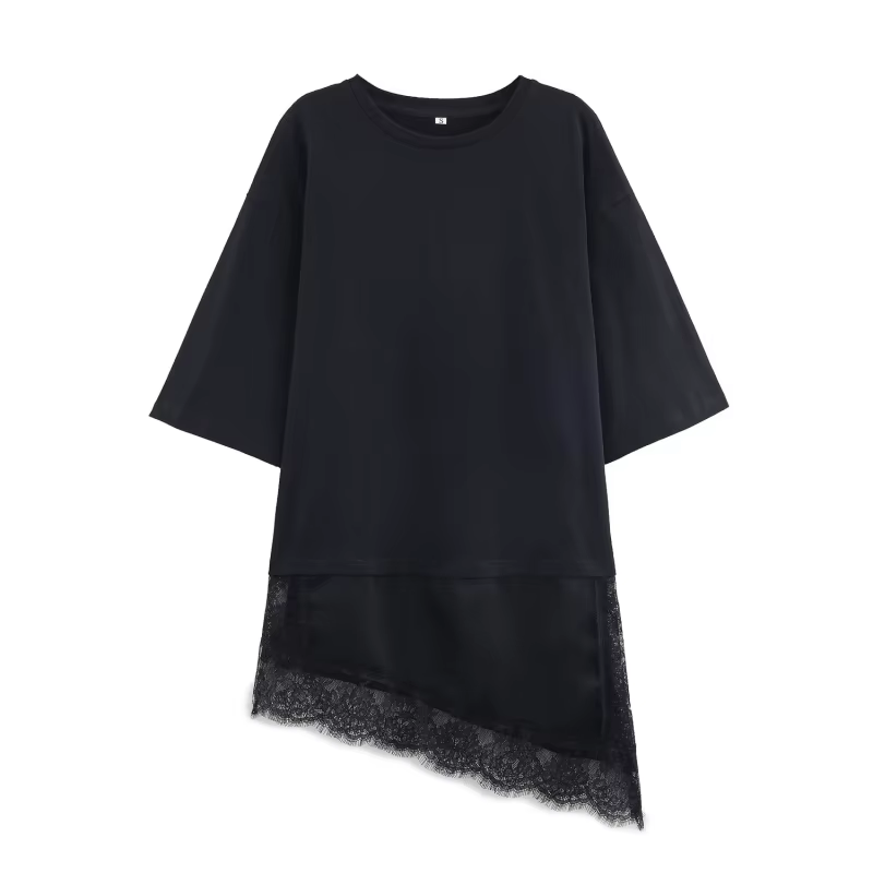 T-shirt oversize asymétrique à ourlet en dentelle pour femme ETJ, coupe ample, collection Printemps 