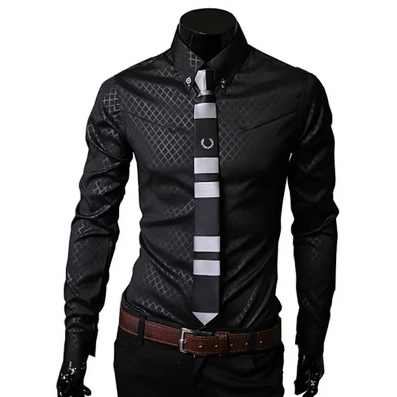 Chemises à carreaux fines pour hommes, couleur unie, chemises de bureau à carreaux, manches longues,