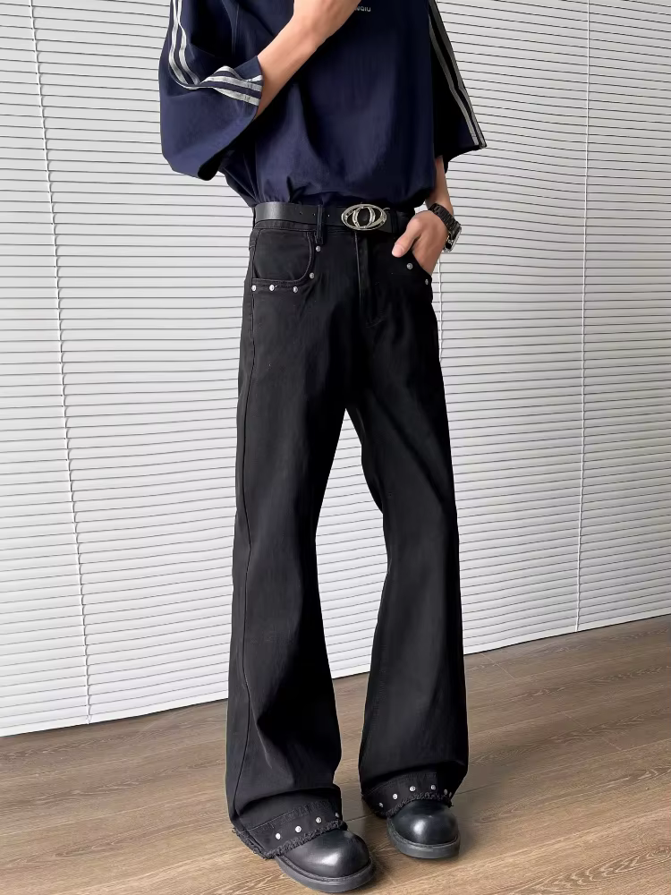2026 Vêtements Y2K : Jean évasé noir slim à rivets pour hommes et pantalon long décontracté coréen p