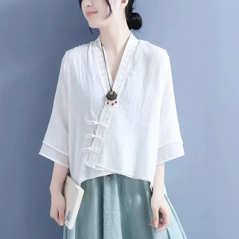 Chemise en dentelle à col en V pour femmes, style ethnique, revers incliné, manches trois-quarts, vi