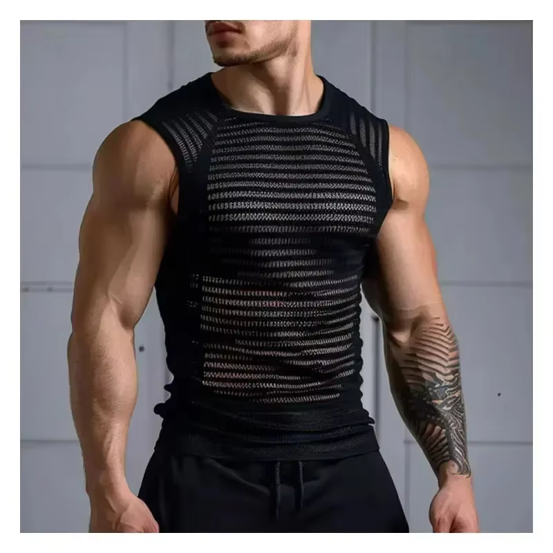 Gilet noir Punk de rue pour hommes, t-shirt transparent sans manches, Sexy, exercice de Fitness, gil