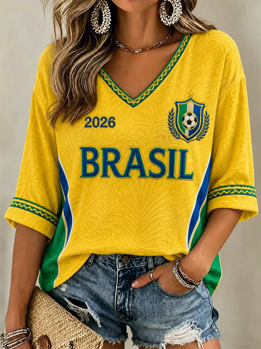 T-shirt décontracté à col en V et manches courtes pour femmes, imprimé pour les fans de football du 