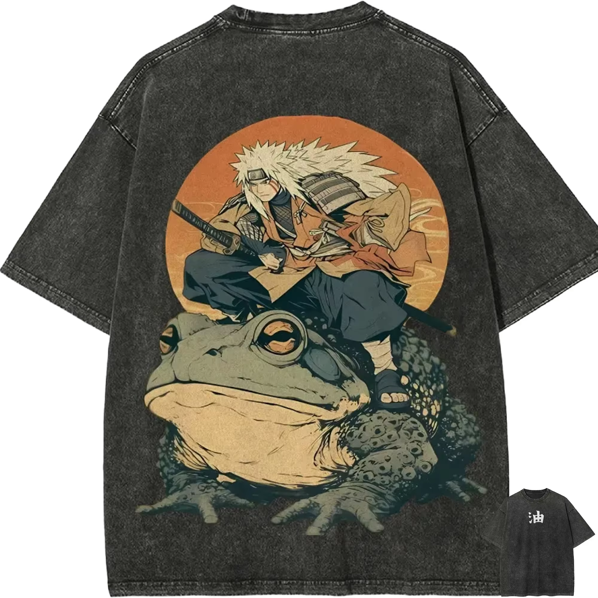 T-shirt vintage délavé Naruto Jiraiya pour hommes et femmes, collection été 2026, motif dessin animé