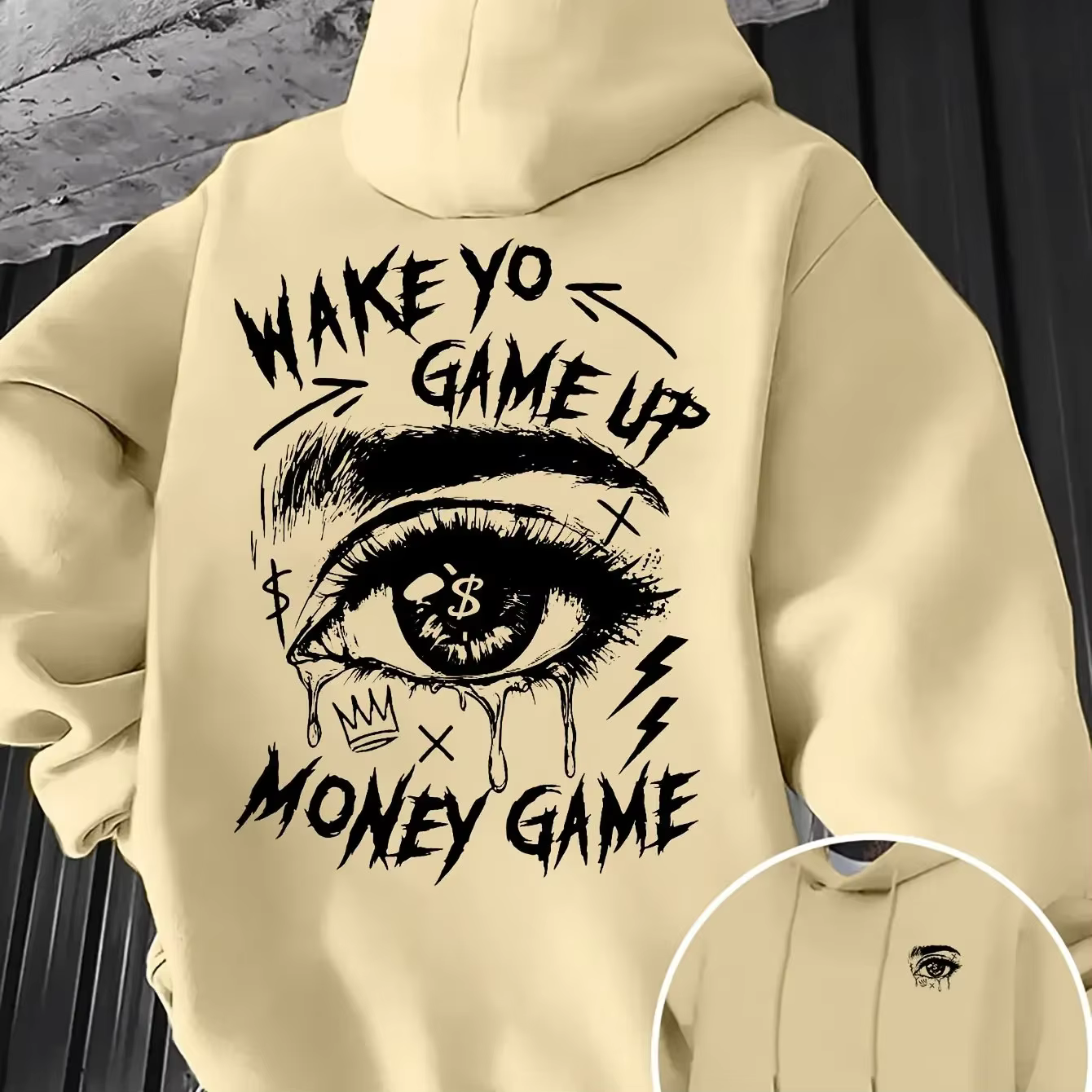 Sweat à capuche oversize unisexe, motif 'Wake Yo Game Up Money Game Dollar Eye Drip' et slogan 'Grun