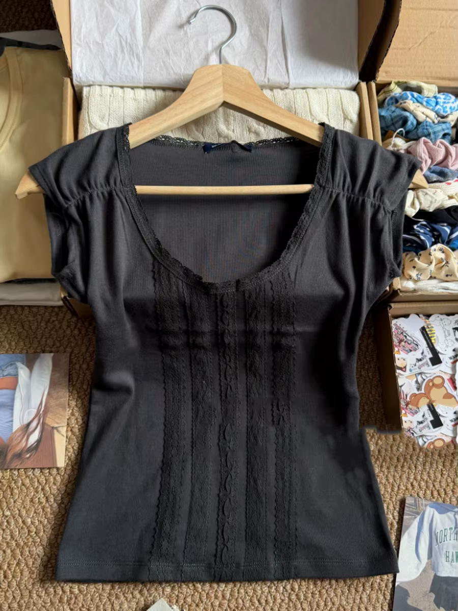T-shirt noir à dentelle pour femme, été, simple, en coton, col rond, manches courtes, coupe ajustée,