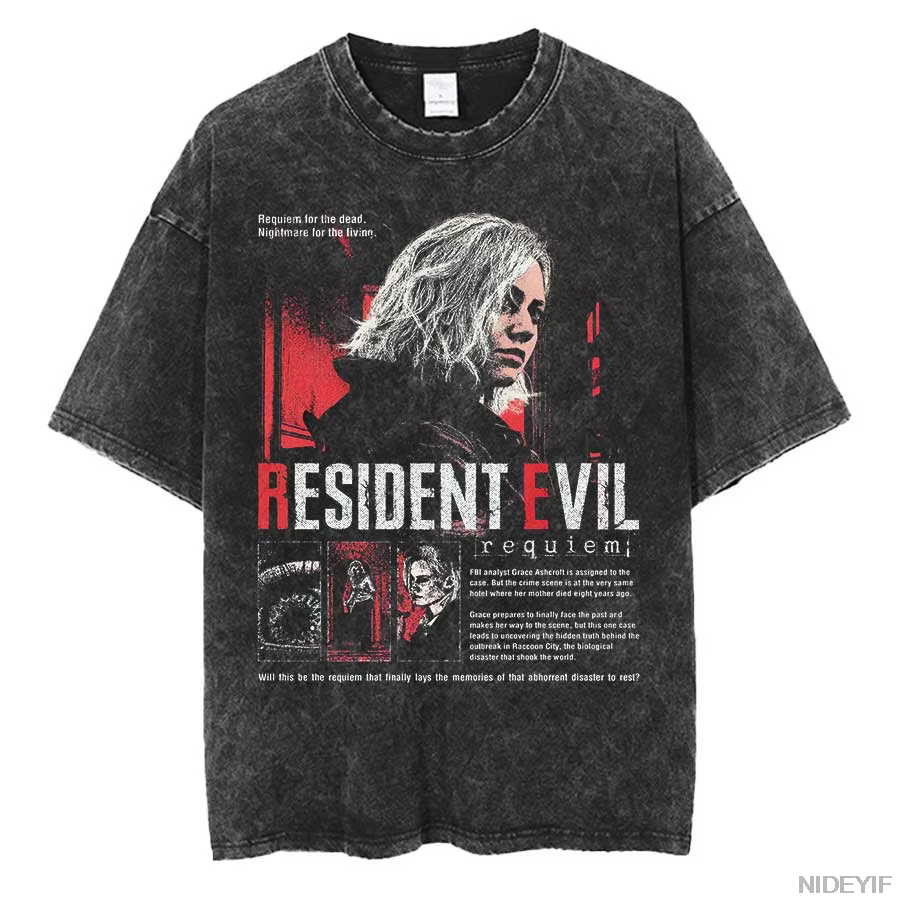T-shirt rétro délavé avec motif imprimé Biohazard des années 1990, idéal pour les passionnés de jeux