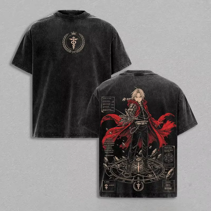 T-shirt Anime Fullmetal Alchemist Edward Elric pour hommes et femmes, en coton lavé, style rétro, su