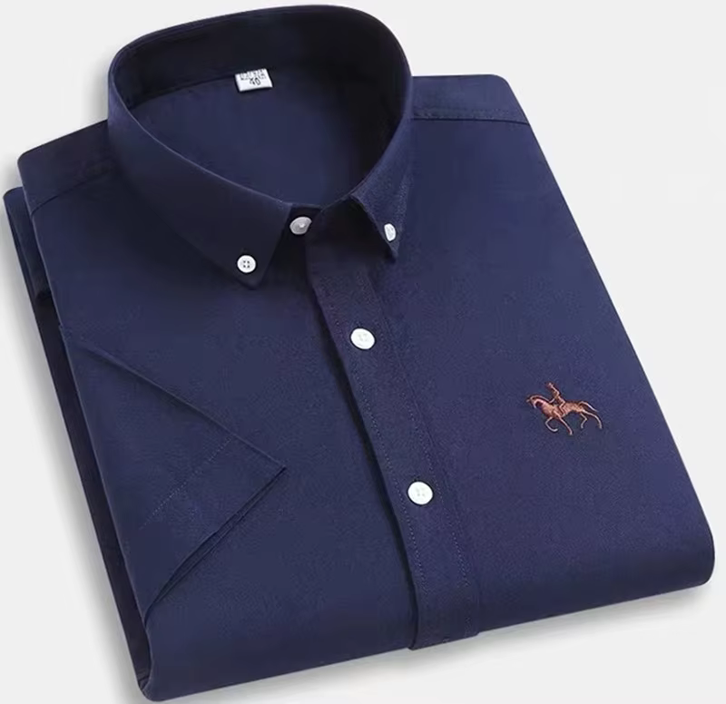 Chemise Oxford à manches courtes pour hommes, 100% coton, couleur unie, rayures, coupe cintrée, robe