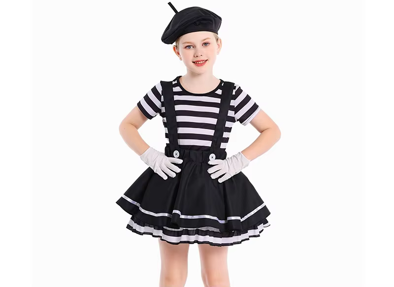 Costume Mime Clown Cosplay, vêtements pour filles, jupe de spectacle sur scène, T-shirt, chapeau, ga