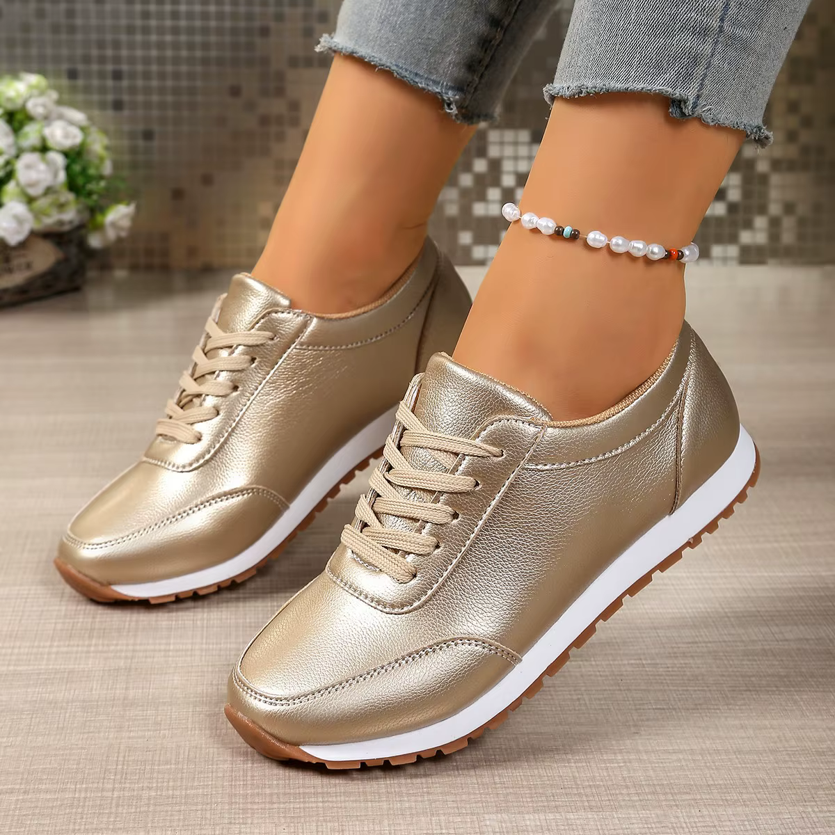 Baskets pour femmes, chaussures de marche de luxe dorées et argentées pour filles, chaussures plates