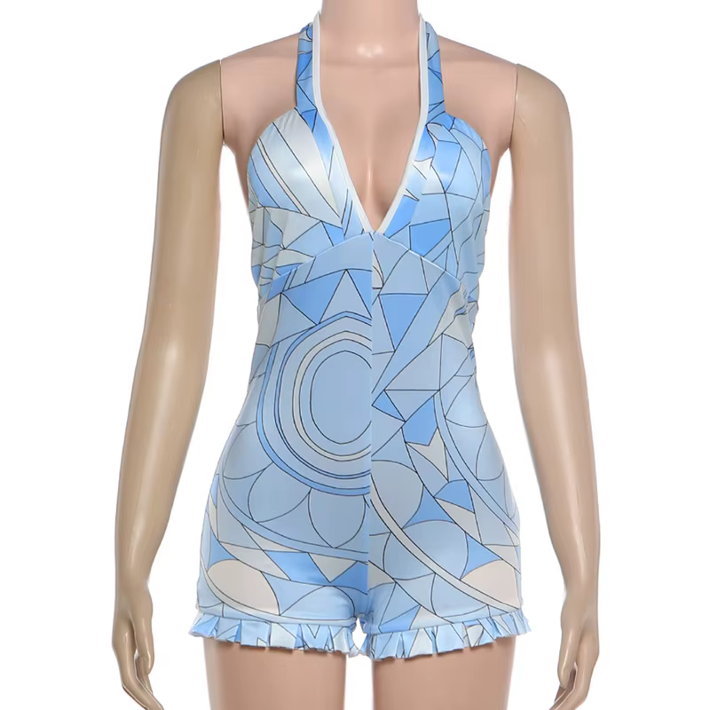 Combinaison moulante sexy bleue à imprimé géométrique Joskaa pour femme, dos nu, col en V profond, o