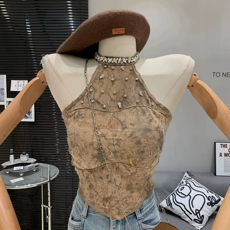 Matakawa Y2k vêtements dos nu t-shirt pour femmes imprimer printemps été Sexy Ropa De Mujer perles l