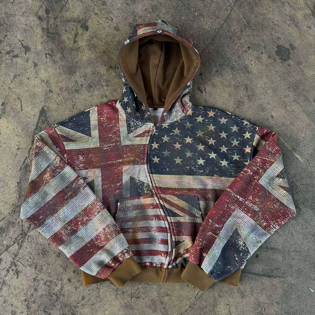 2026 Nouveau Femmes Zipper À Capuche Rétro Drapeau Imprimé À Capuche Sportswear Casual Street Wear Y