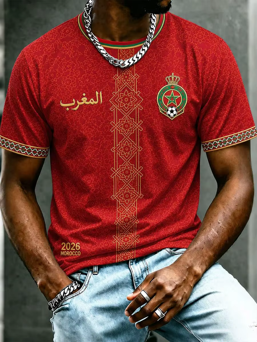 T-shirt de football pour supporters du Maroc 2026, imprimé lettres rouges, séchage rapide, manches c
