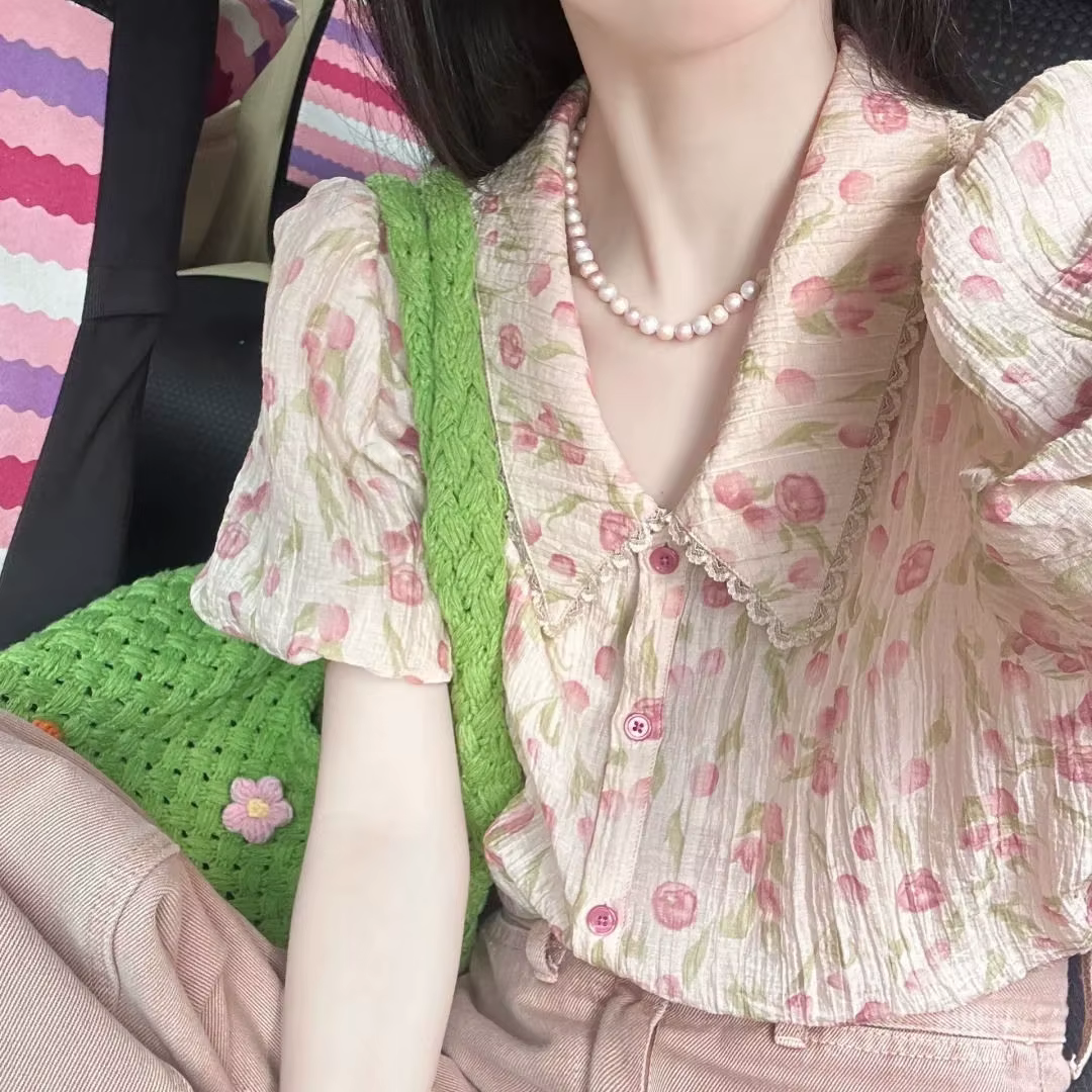 Chemises florales roses pour femmes, col claudine, manches courtes, style japonais mignon, Harajuku 