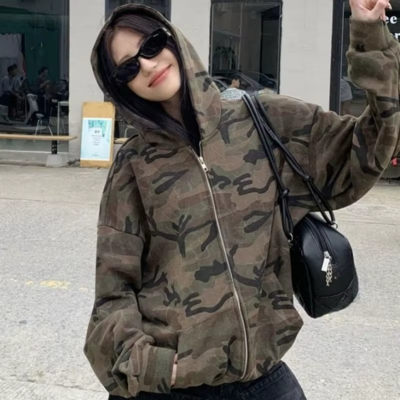 Sweat-shirt à capuche de Camouflage de Style rétro américain pour femme, veste d'automne décontracté