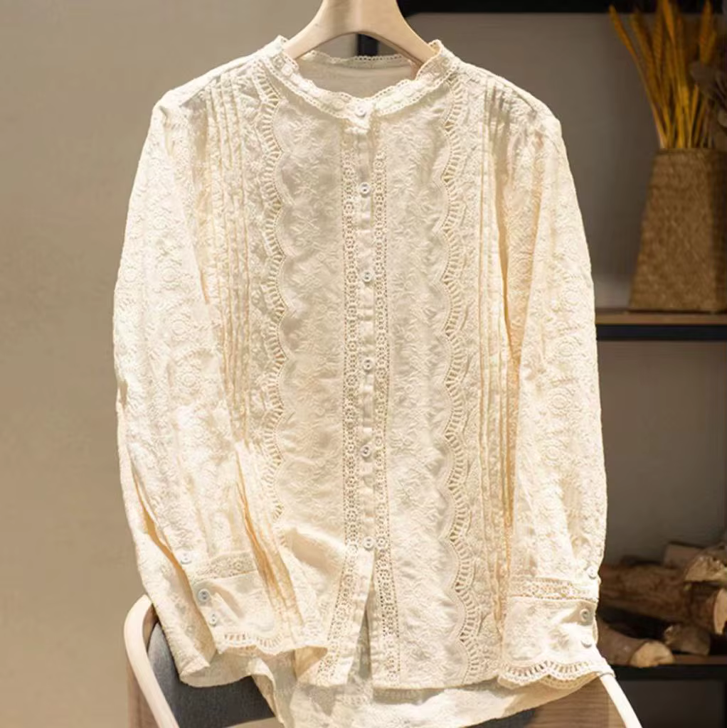 Blouses fines et élégantes pour femmes, style boho, manches longues, dentelle brodée, ajouré, chemis