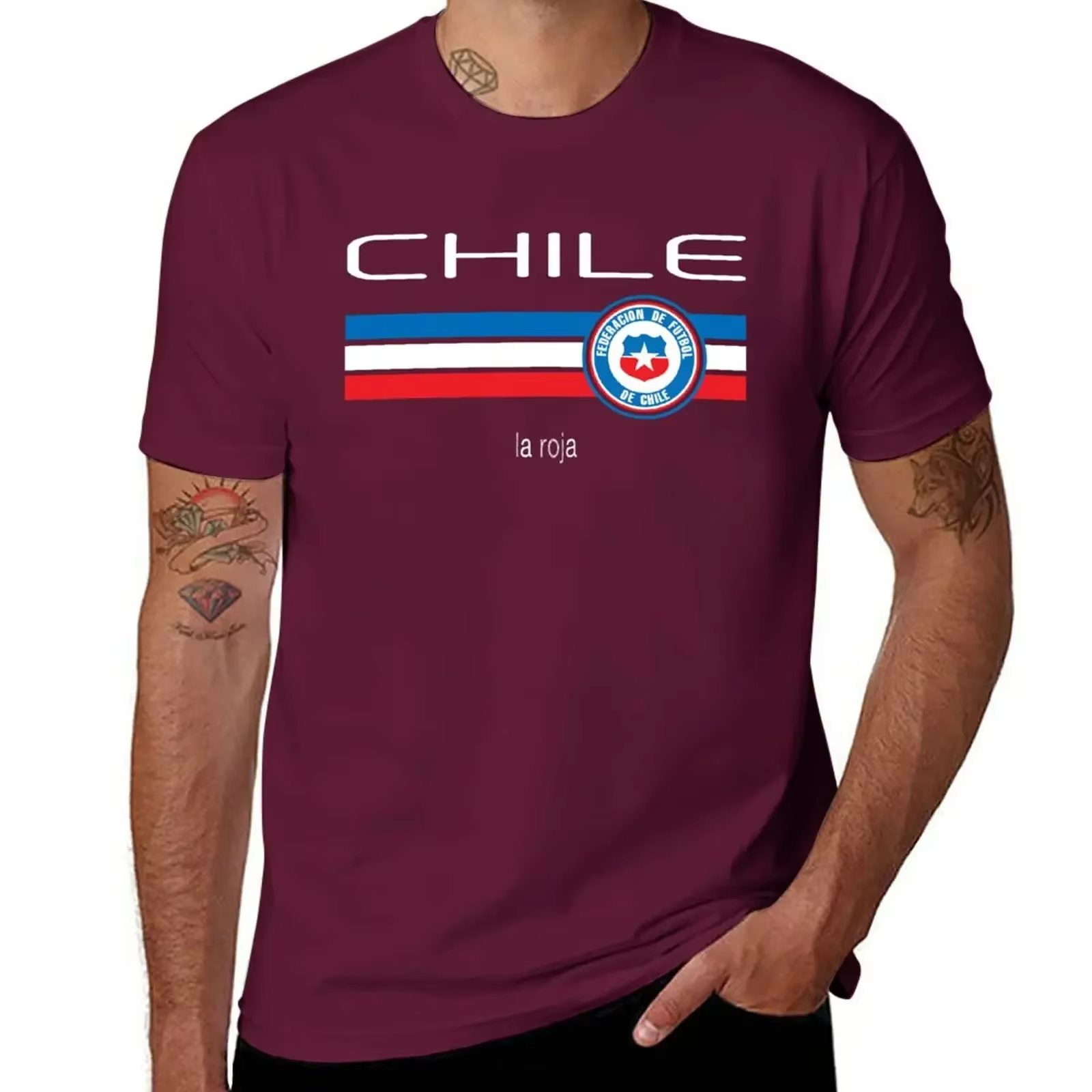 T-Shirt à Col Rond en Coton pour Homme, Vêtement Vintage Personnalisé, Graphique, Football, Chili, M