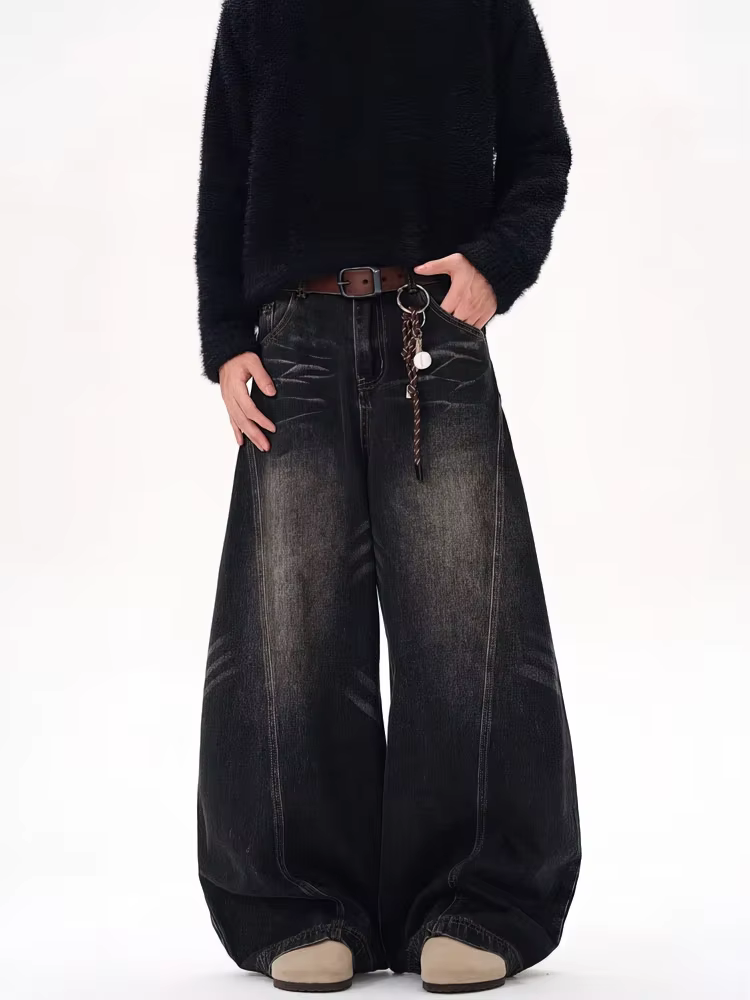 Jean baggy vintage noir délavé pour homme, coupe large, style streetwear, décontracté, en denim, cou