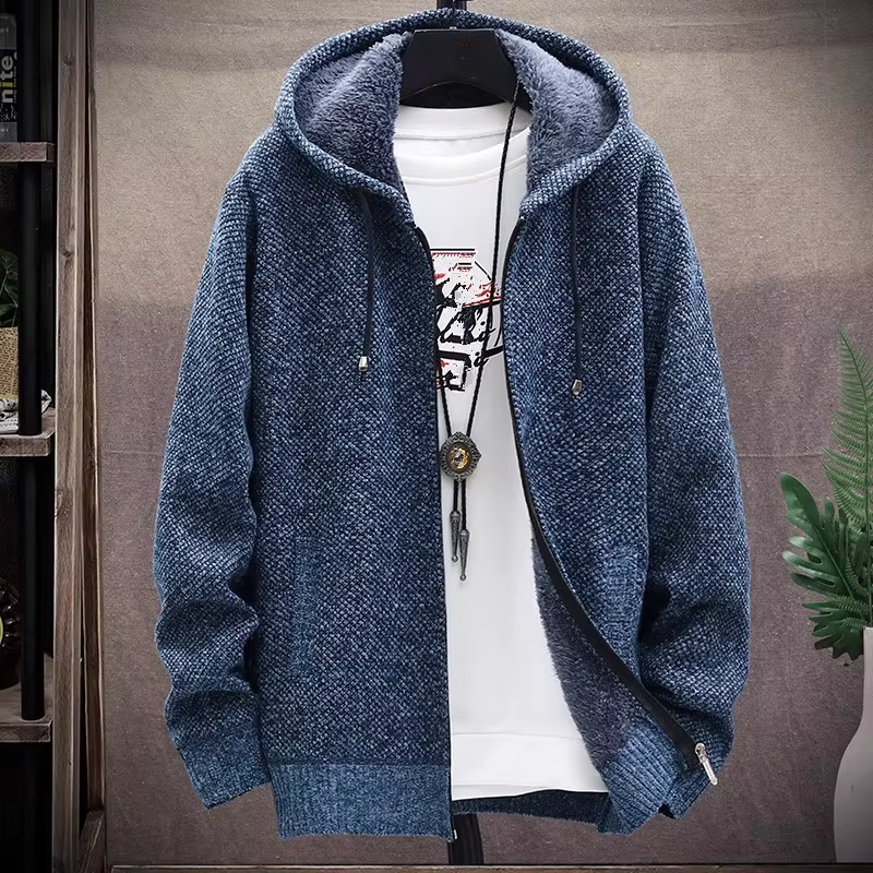 Cardigan à capuche pour hommes, pull tricoté, polaire épaisse, chaud, décontracté, manteau, couleur 