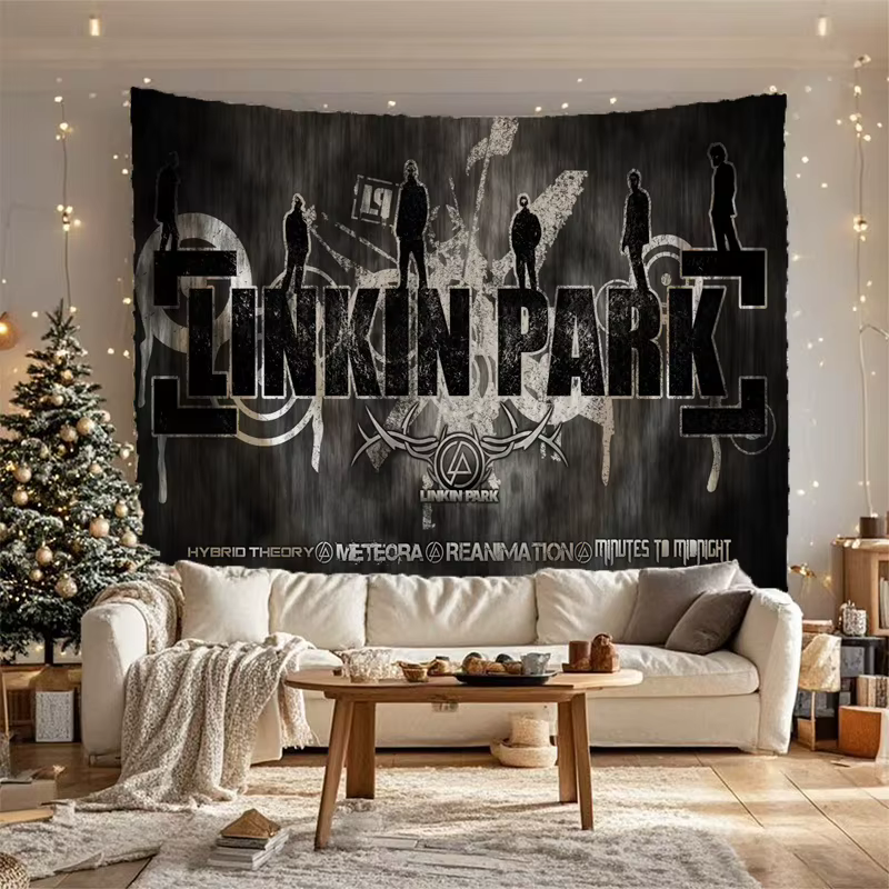 Tapisserie Epic Linkin Park avec silhouettes de groupe emblématiques et titres d'albums, parfaite po