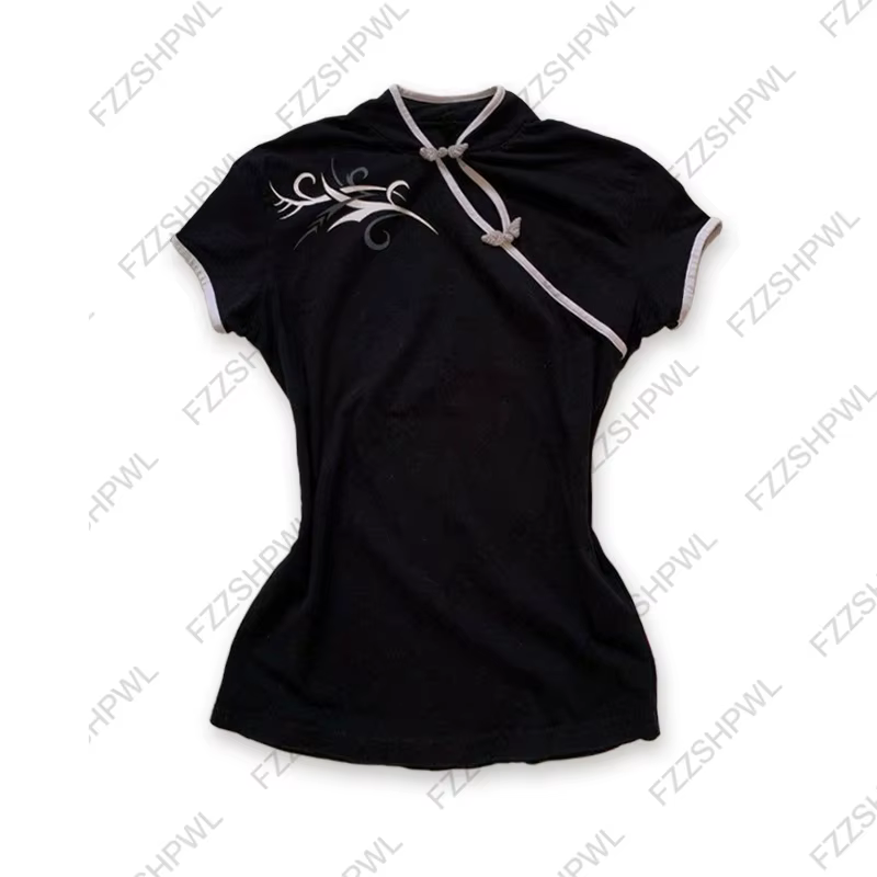Harajuku femmes T-shirt rétro style chinois bouton chic mode mince esthétique haute rue punk Y2K mig