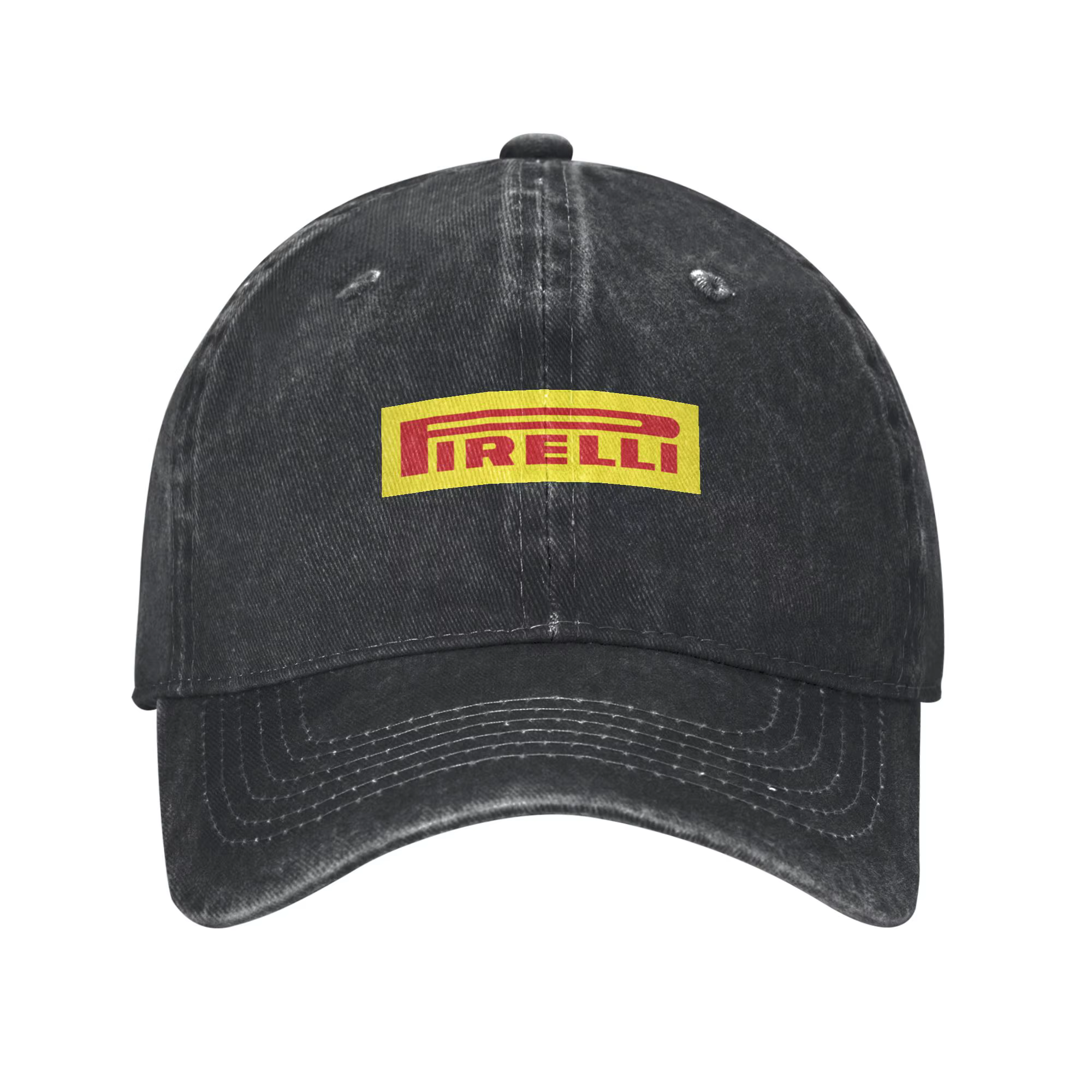 Casquette de baseball en jean jaune et rouge avec pneus Pirelli – Style Dad Hat