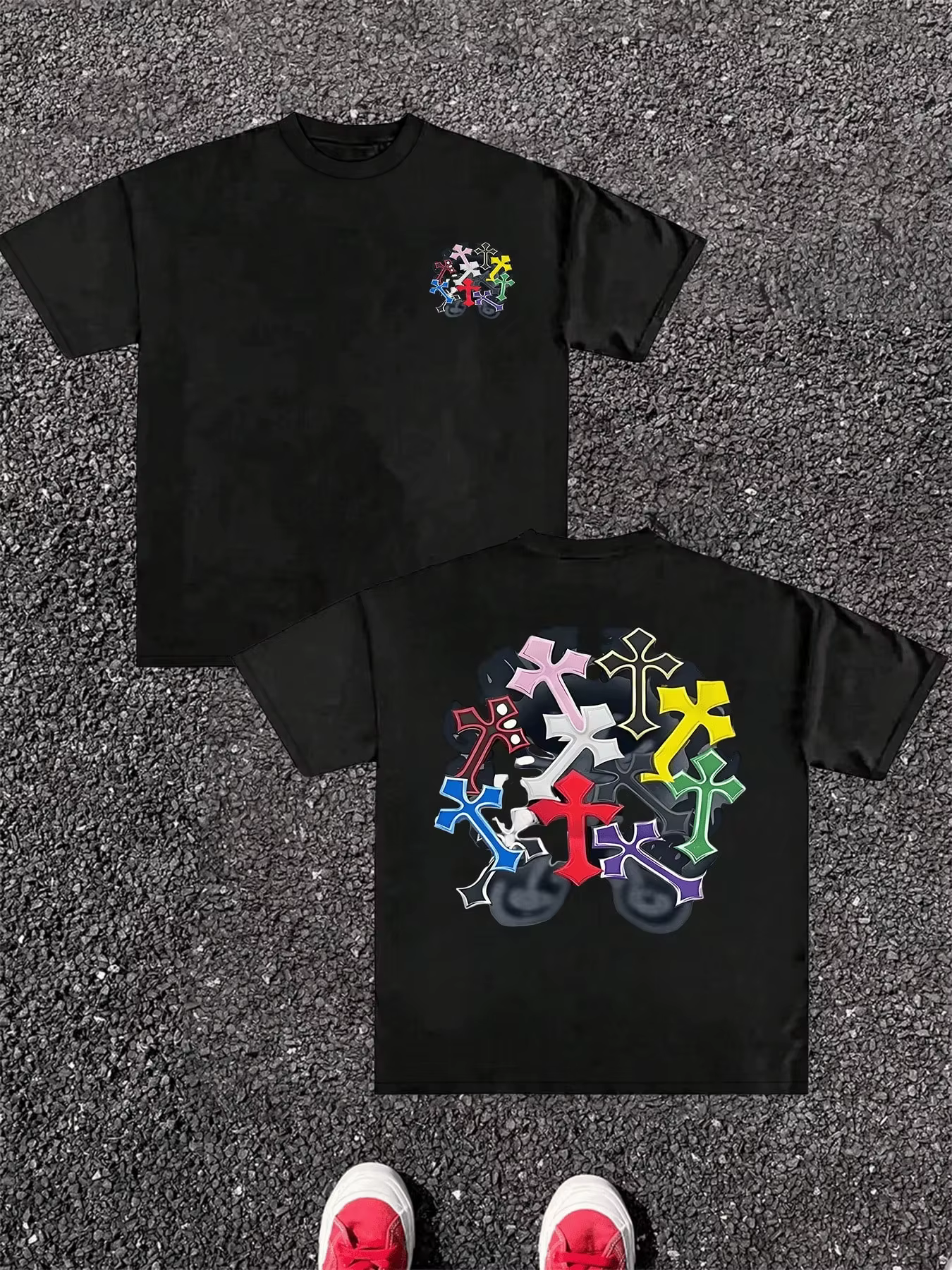 T-shirt unisexe en coton pur style streetwear Harajuku, imprimé numérique double face, motif croix c