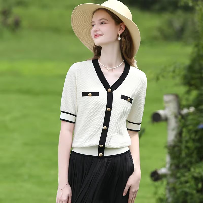 Je crois que vous femmes françaises été tricots petit parfum Style col en v à manches courtes Blouse