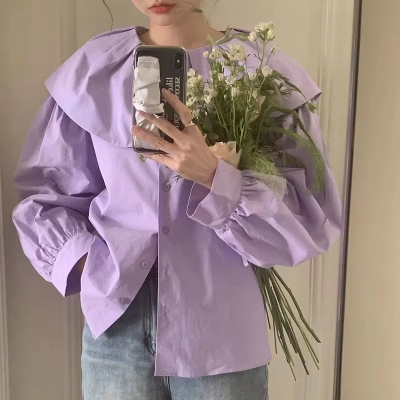 Chemisier à Manches sulfet Col Beurre pour Femme, Vêtement Chic, Couleur Unie, Bouton Doux, Style Co