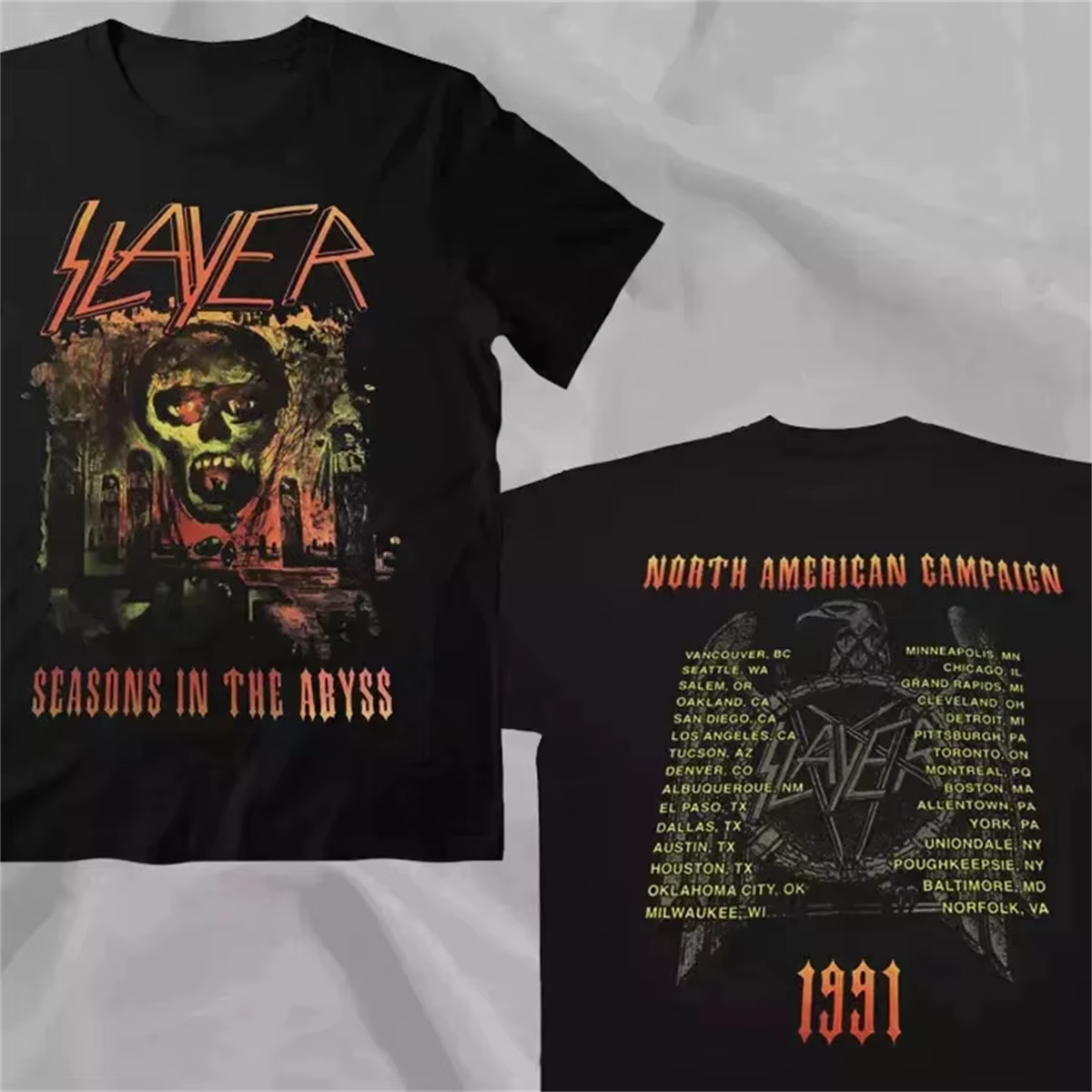 SLAYER Band 'Season in the Abyss' 1991 Tour North America campagne T-Shirt hommes et femmes rétro ét