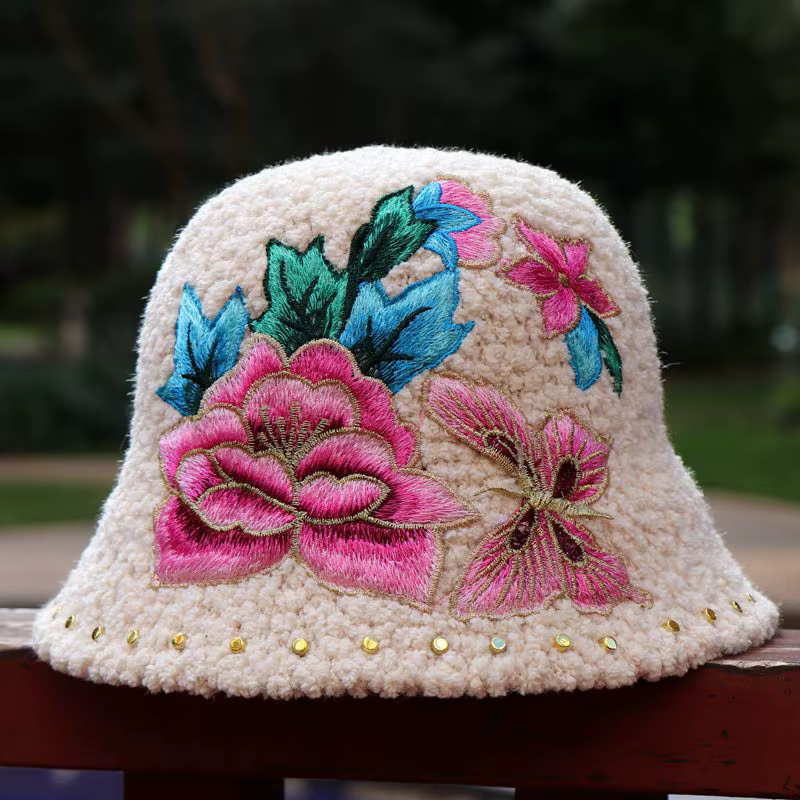 Sherpa coupe-vent chapeaux hiver garder au chaud épais Style ethnique brodé Floral chapeau de soleil
