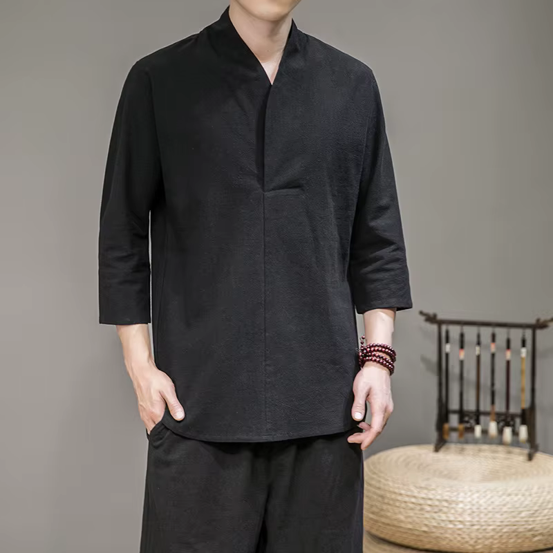 T-shirt à col en V à manches courtes pour hommes, chemises en lin de coton vintage, pull d'été, haut